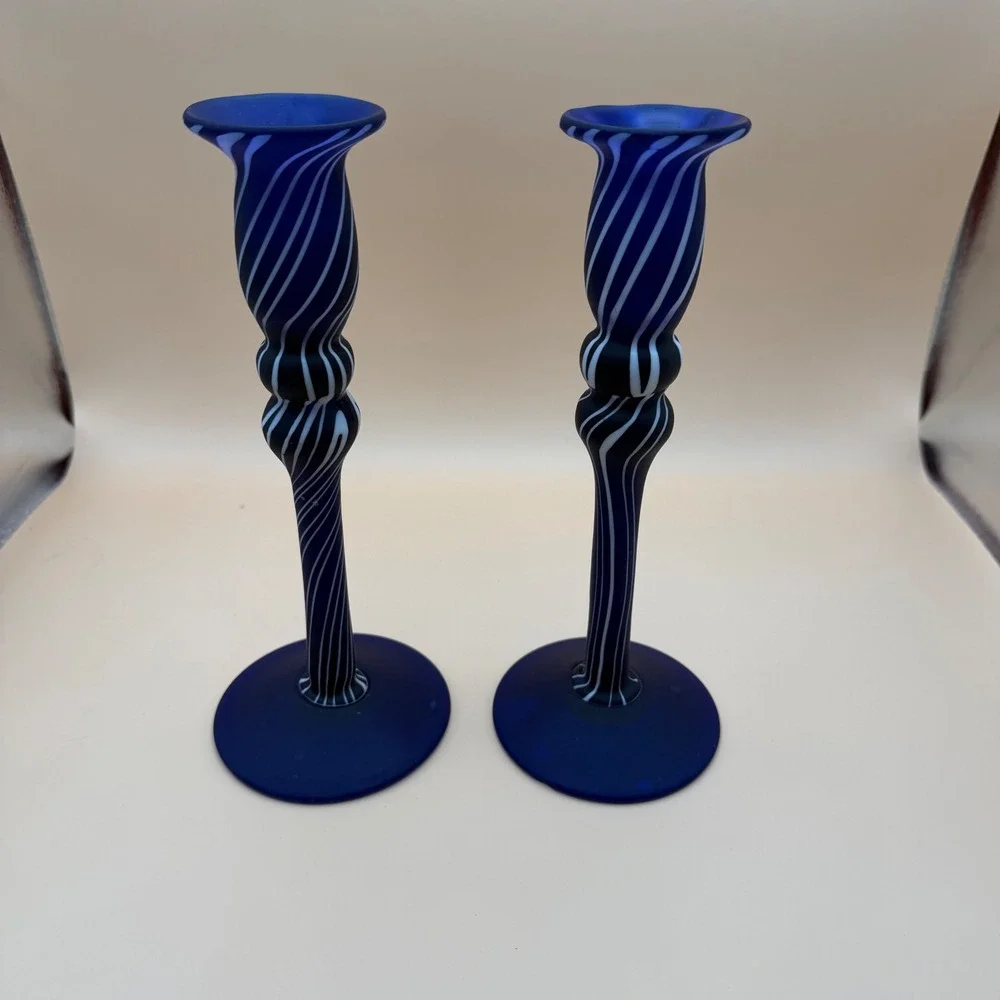 Vintage Cobalt Blue White Swirl Art Glass Candlestick Holders Set of 2 Frosted